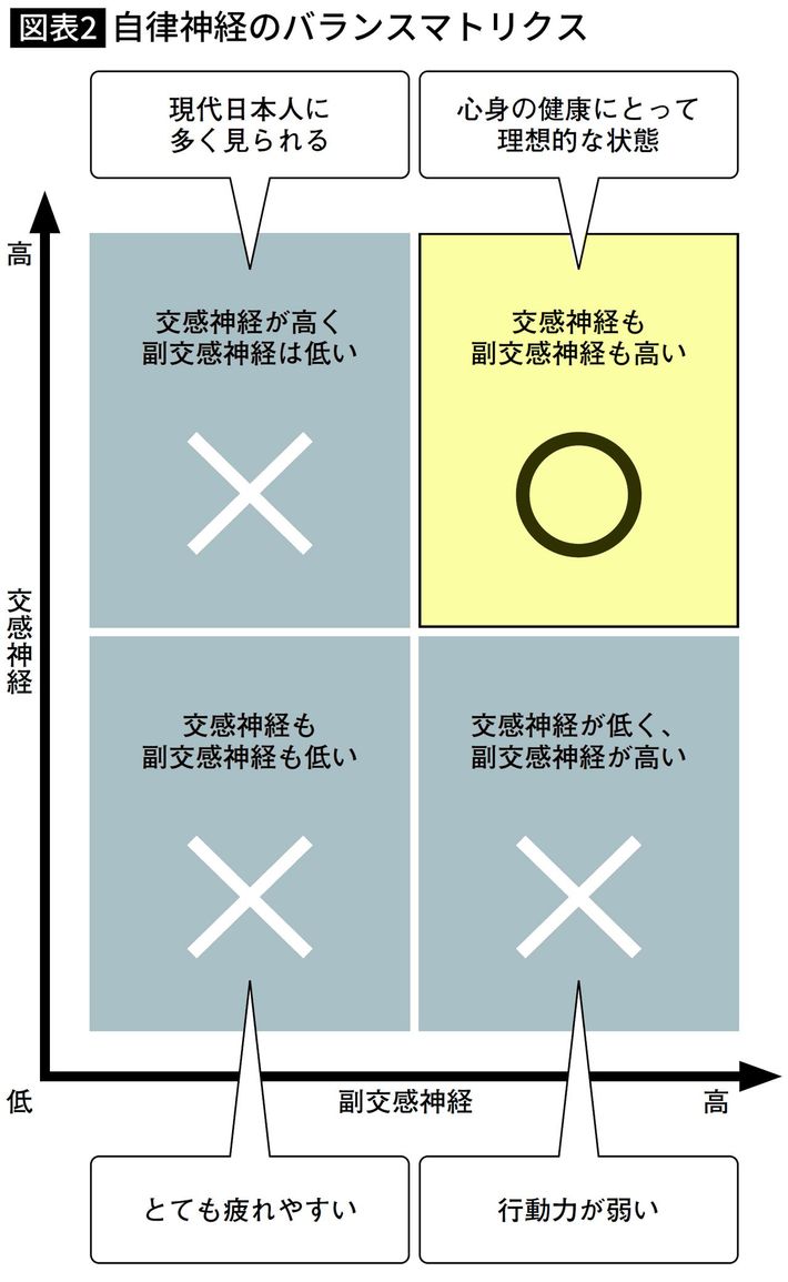 心身の健康にとって理想的な状態は、交感神経と副交感神経がともに高いレベルで活動しながら、かつバランスがとれている状態（右上）。このバランスが乱れると、心身に様々な不調を引き起こす。ちなみに、現代日本人に多いのは、交感神経が優位になりすぎている状態（左上）。