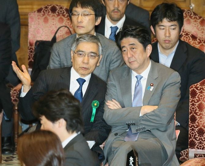 参議院予算委員会の開会前に言葉を交わす安倍晋三首相（右）と日本銀行の黒田東彦総裁＝2013年5月8日、東京・国会内