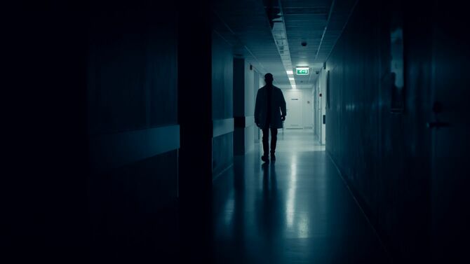 暗い病院の廊下の医師シルエット