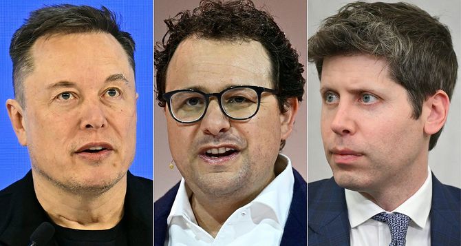 米実業家イーロン・マスク氏（左）、アンソロピックのダリオ・アモデイCEO（中央）OpenAIオープンAIのサム・アルトマンCEO
