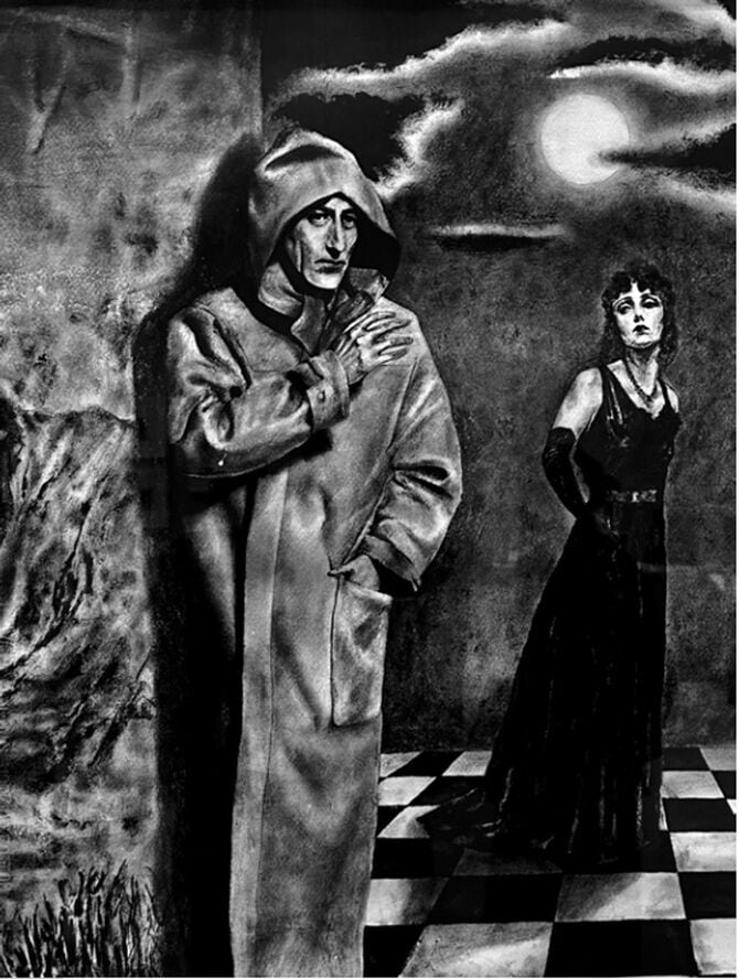 二人の人物が描かれる白と黒だけで表現したヤマザキさんの作品