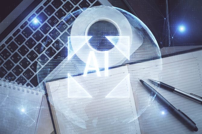 コンピュータでトップビューワークデスクの背景上にホログラムを描く