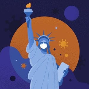 自由の女神がマスクを着けているイラスト