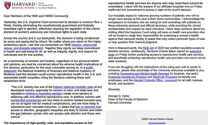 ハーバード大学医学部が病院関係者に送った文書