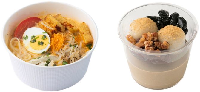 シンガポール風ラクサ(左)、くるみづくしのほうじ茶ムースの和パルフェ(右)