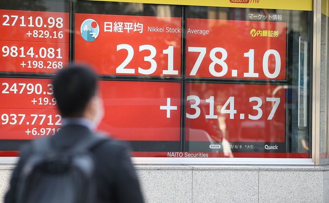 約3カ月半ぶりに終値で2万3000円台を回復した日経平均株価＝2020年6月8日、東京都中央区