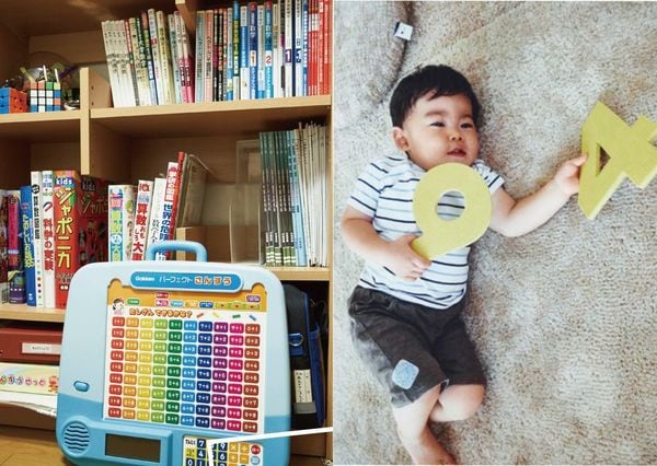 （左）本棚にあるのは数検のテキストのほか、算数図鑑や大学生レベルの参考書など。手前にあるのは、幼少期によく遊んでいた算数の計算ゲーム。（右）幼少期から数に興味を示していた匠吾君。外出時も数字の形をしたスポンジを持ち歩いていたという。