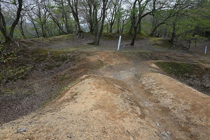 主郭南側の土橋から、その外にもうけられた馬出郭を望む