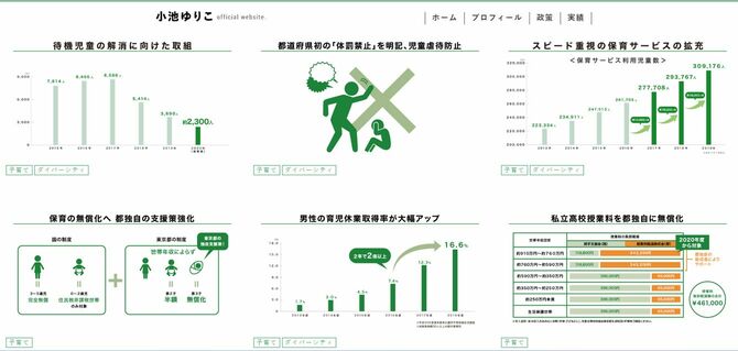 小池百合子氏の公式ウェブサイトで紹介されている「実績」