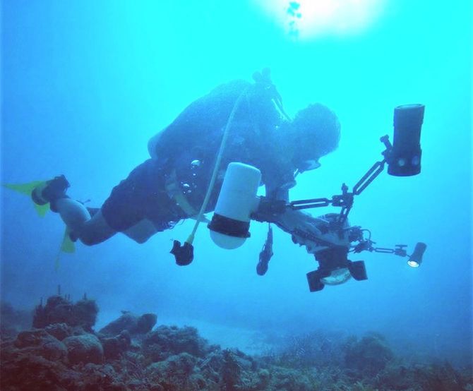 カメラ機材を持ち水中での調査をする山舩さん