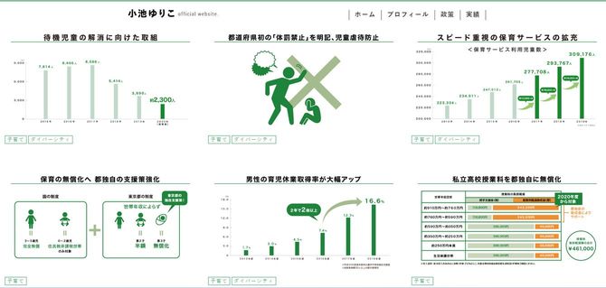 小池百合子氏の公式ウェブサイトで紹介されている「実績」