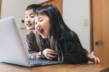 ノートパソコンでビデオ通話を楽しむきょうだい
