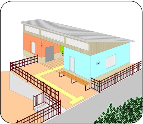 当初、市民投票で選ばれた公衆トイレのデザイン案。男性用が青色、女性用が赤色だった