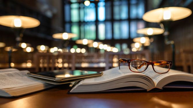 公共図書館の机の上に、開かれた本の上にタブレット端末とメガネがある