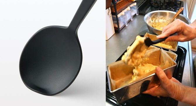 先端のしなり具合が最適になるように工夫されている（左）。ケーキの生地などもすくいやすい（右）