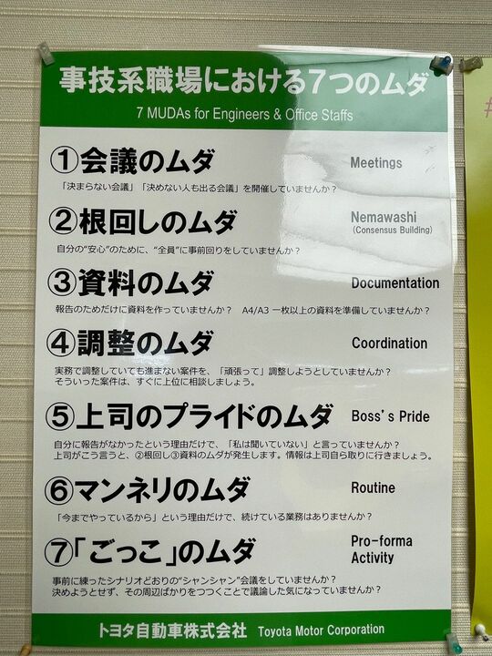 トヨタ自動車本社（愛知県豊田市）に掲げられている「事技系職場の7つのムダ」